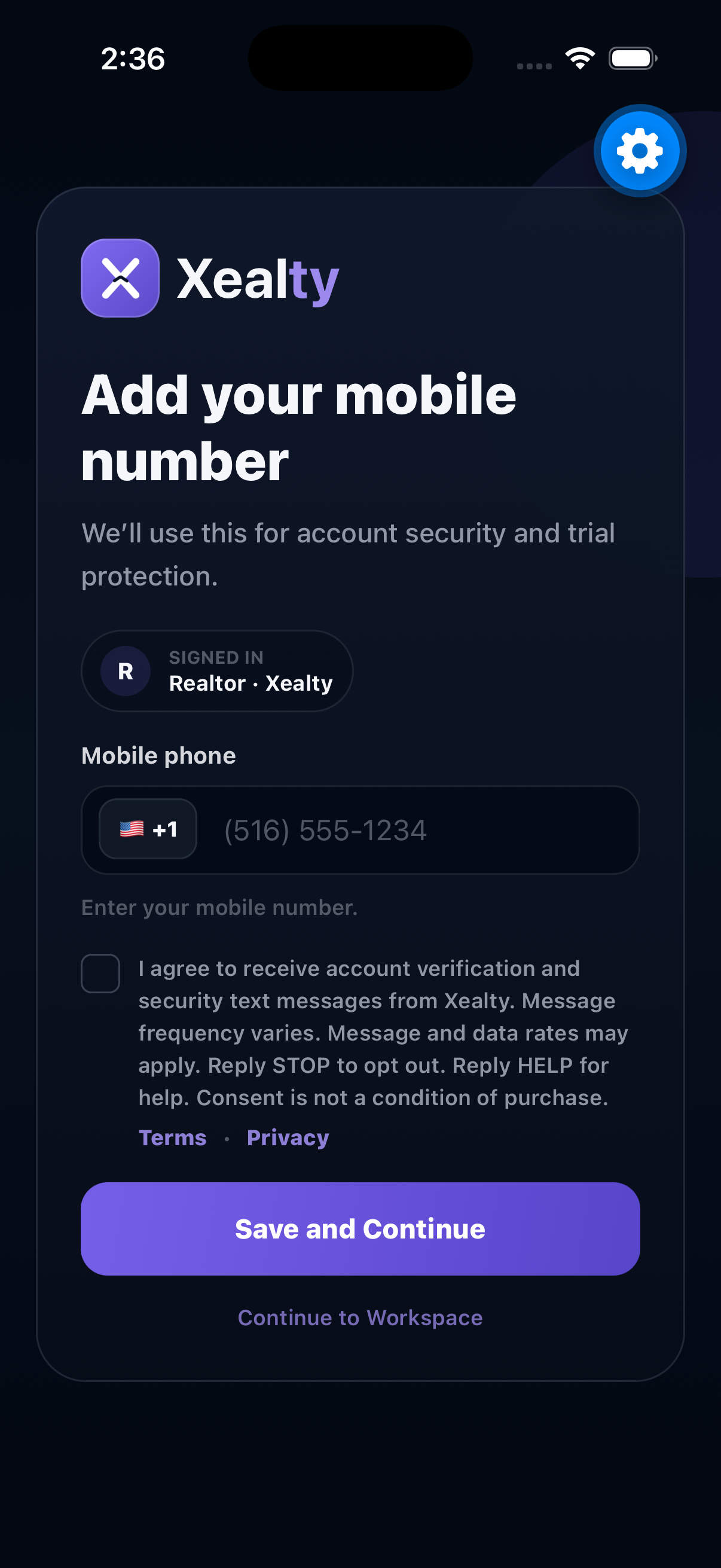 Xealty mobile phone number entry screen during onboarding.